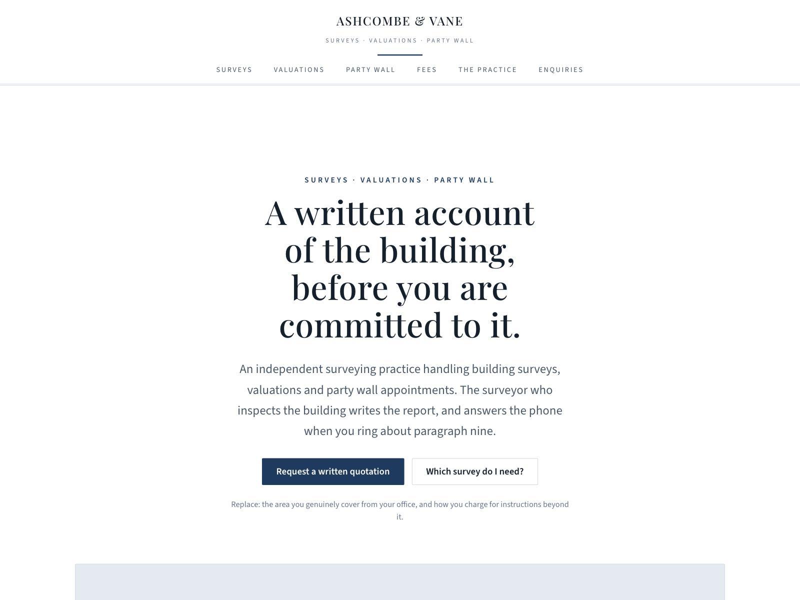 A chartered surveyor website with a centred serif masthead and a survey comparison table