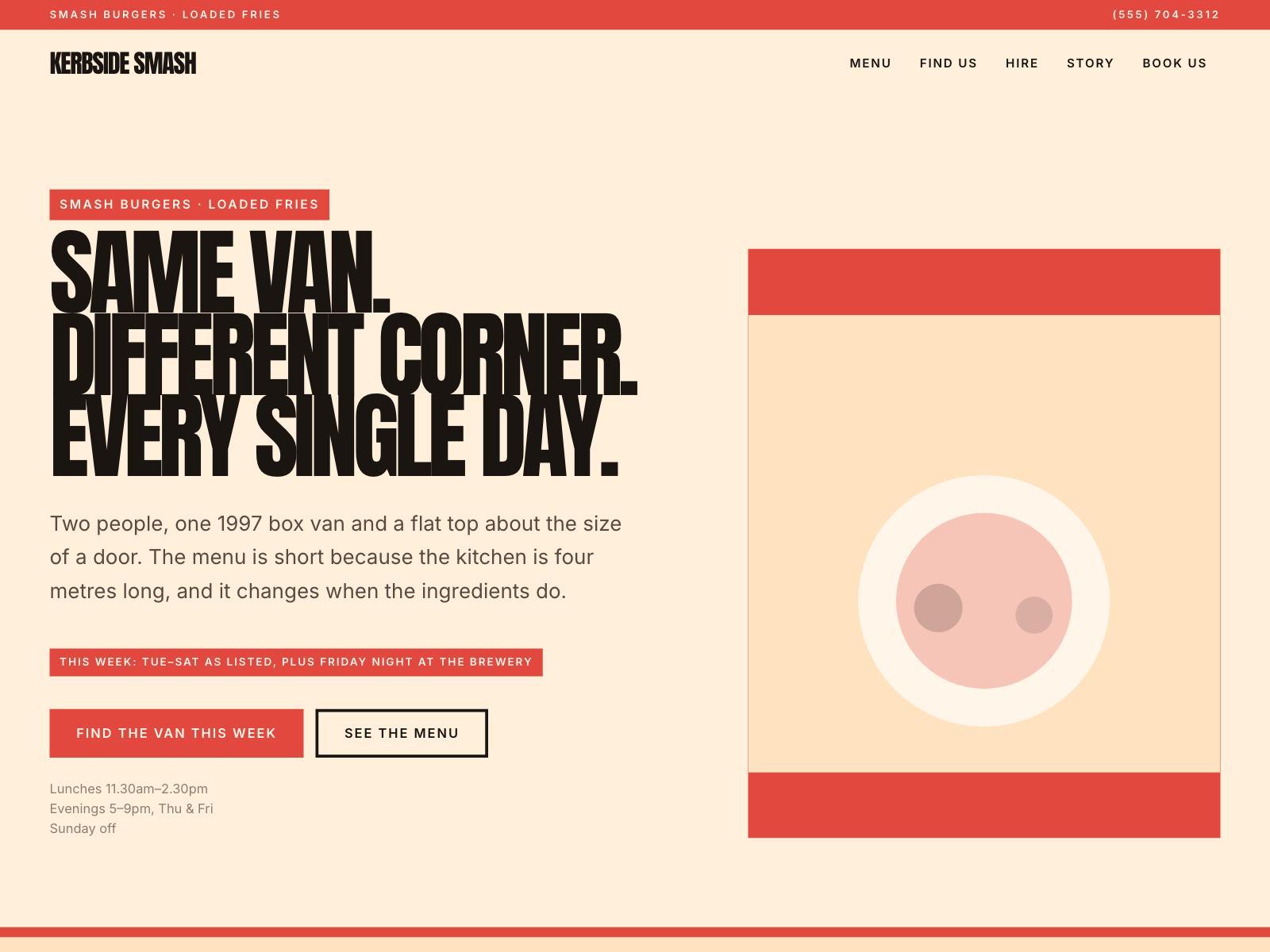 A food truck website with a huge red poster headline and a weekly pitch schedule