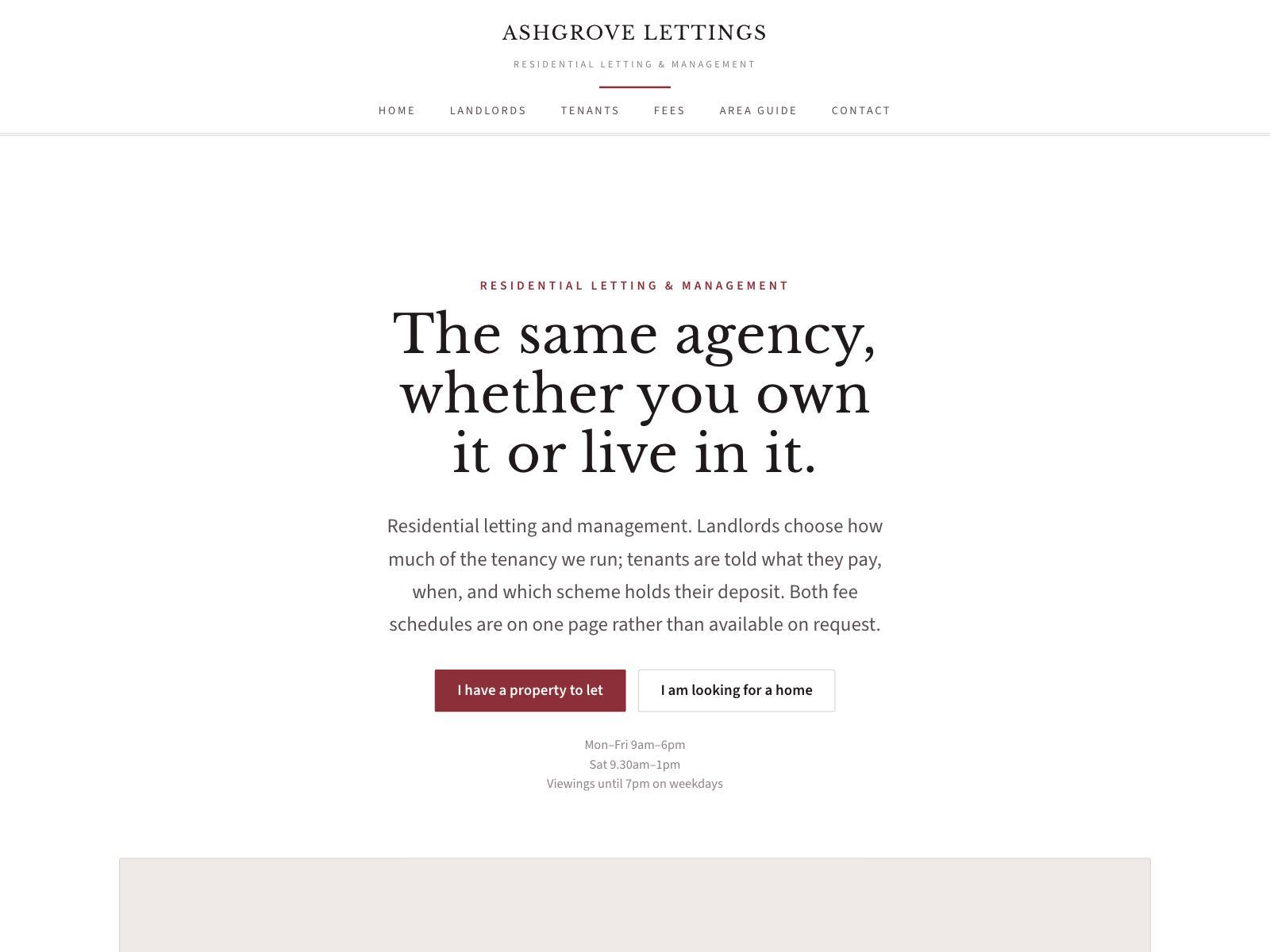 A letting agent website with a centred serif masthead and a full fee schedule
