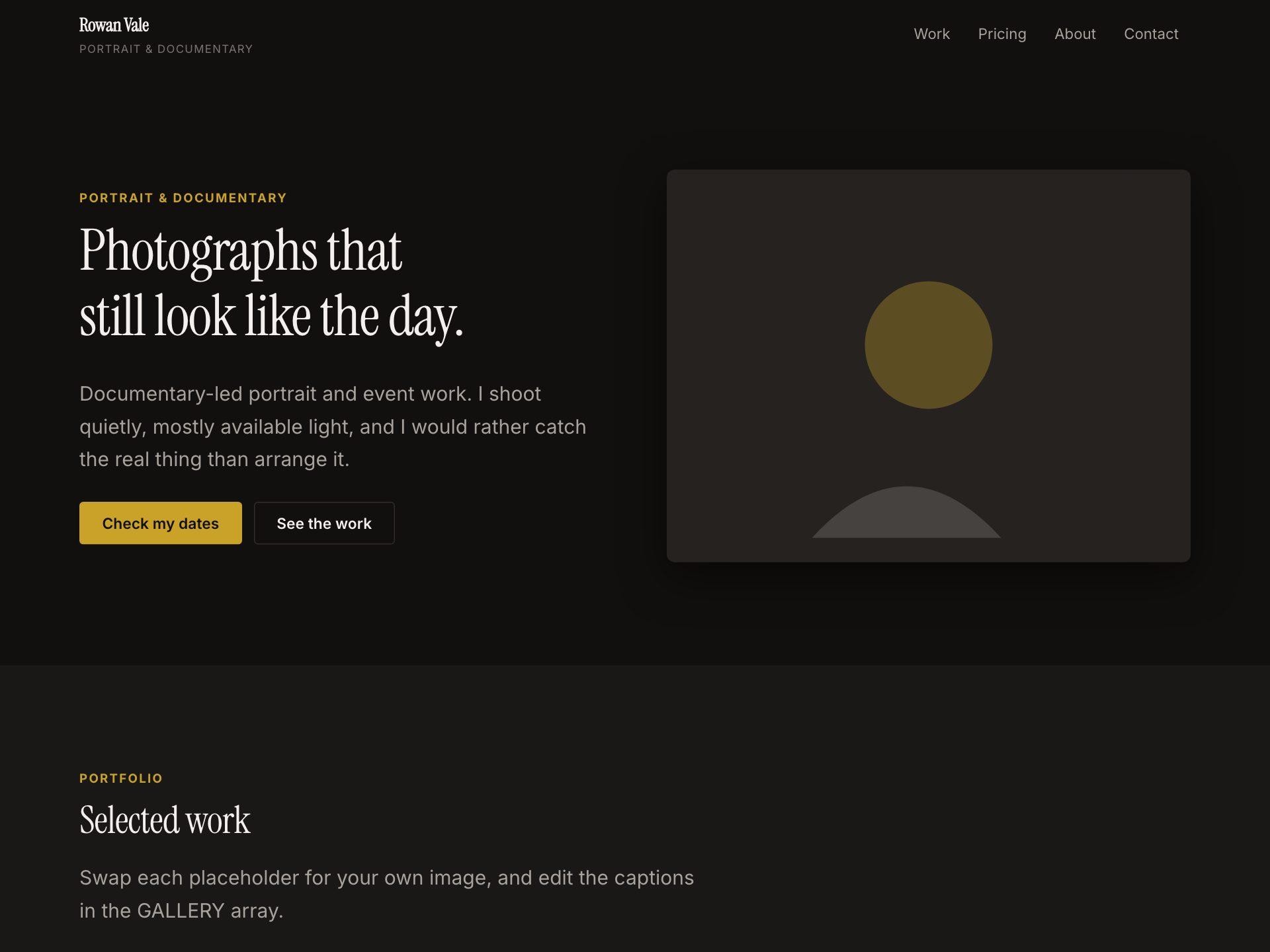 A dark photographer portfolio website with a captioned grid of images