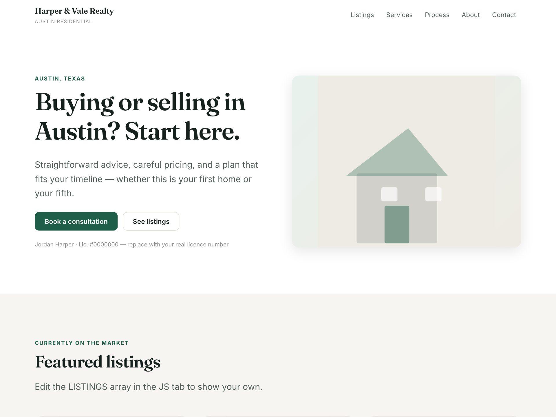 A real estate agent website with a listings grid showing price, beds and baths